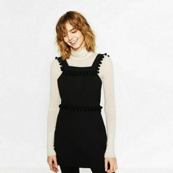NWT Zara Black Pinafore Mini Dress w/Pompom Trim - Picture 2 of 14